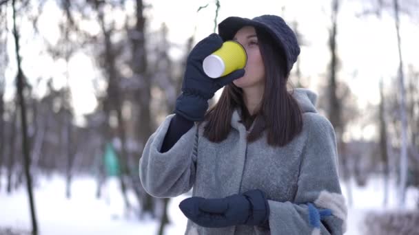 冬の公園で美しいスリムな若い女性がコーヒーを飲み カメラの笑顔を見てライブカメラズーム リラックスした屈託のない幸せな白人の千年紀の女性ポルノのスローモーション屋外 — ストック動画