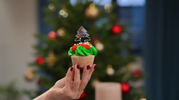 Nagyítás Karcsú Női Kaukázusi Kéz Mutatja Finom Süteményt Játék Karácsonyfa — Stock videók