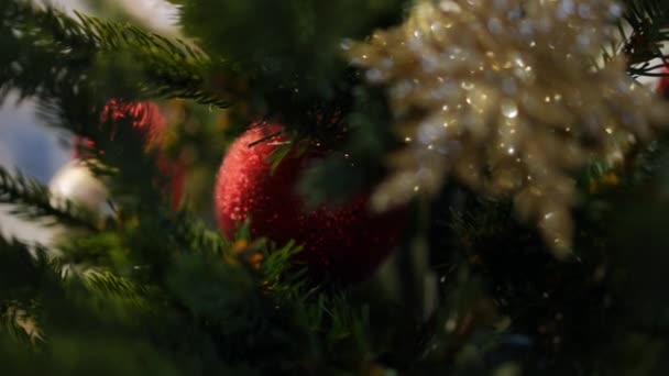 Nahaufnahme Grüner Tannenzweige Mit Weihnachtsschmuck Drinnen Konzept Für Neujahrsferien — Stockvideo