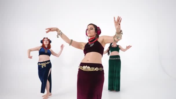 Πλευρική Άποψη Γωνία Αυτοπεποίθηση Χορευτές Κοιλιά Εκτελεί Λευκό Φόντο Κινείται — Αρχείο Βίντεο