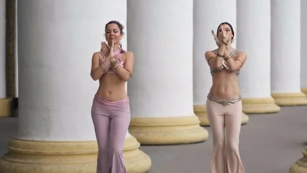 Twee Lachende Mooie Vrouwen Dansen Indiase Dans Schudden Heupen Bewegende — Stockvideo