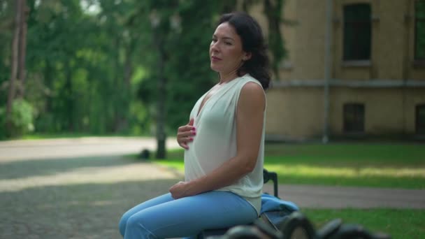 Χαλαρός Ευτυχισμένος Καυκάσιος Έγκυος Γυναίκα Κάθεται Στον Πάγκο Στην Πόλη — Αρχείο Βίντεο