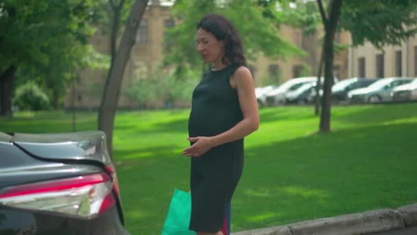 Elegancka Pewna Siebie Kobieta Ciąży Spacerująca Torbami Zakupy Samochodu Pakująca — Wideo stockowe
