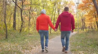 Güneşli bir sonbahar parkında el ele tutuşan, sevgi dolu, eşcinsel bir çift. Kafkasyalı LGBTQ erkeklerinin açık havada gezip sohbet etmelerine bayılıyorum.