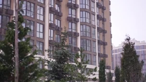 Вічнозелені Ялинки Подвір Багатоповерхового Будинку Тлі Хмарного Білого Неба Зимовий — стокове відео