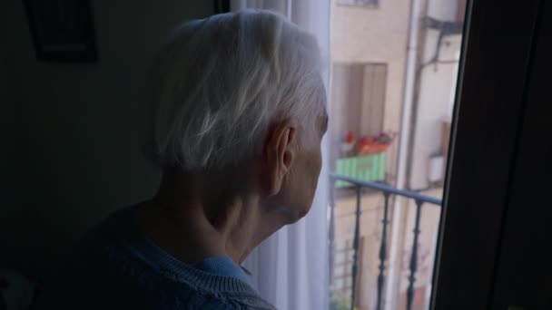 Close Grey Haired Wrinkled Old Woman Standing Darkness Looking Out — Stockvideo
