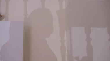 Shadow of nervous woman walking around indoors. Worried anxious lady waiting at home