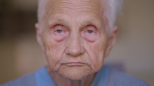 Close Front View Old Woman Grey Eyes Looking Camera Headshot — Stock Video