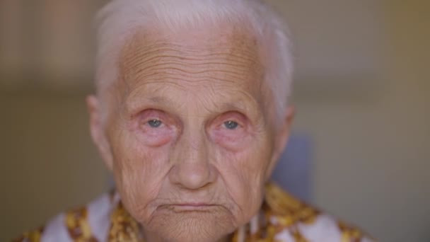 Close Wrinkled Face Old Caucasian Grey Haired Woman Grey Eyes — Wideo stockowe
