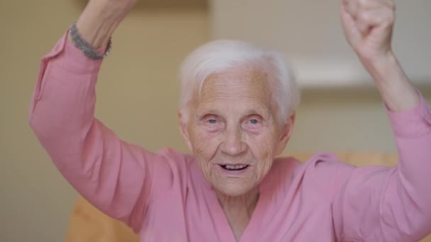 Portrait Grey Haired Happy Old Woman Grey Eyes Looking Camera — Vídeo de stock