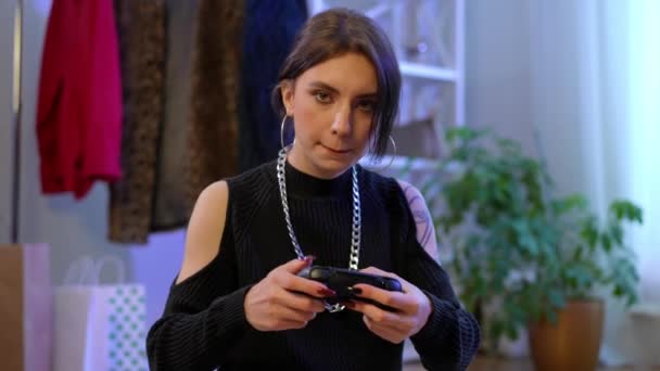 Front View Portrait Confident Absorbed Millennial Woman Gaming Joystick Smiling — Αρχείο Βίντεο