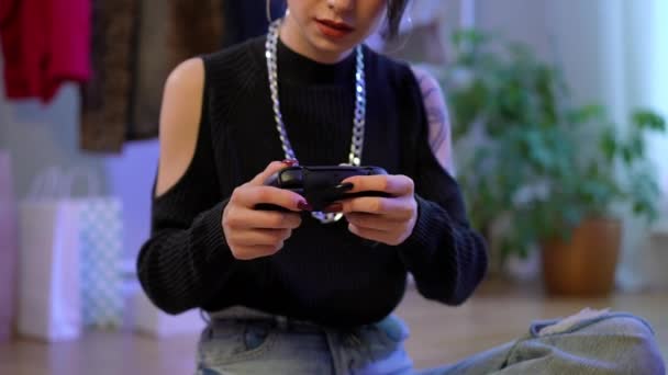 Unrecognizable Young Female Gamer Playing Joystick Sitting Floor Home Indoors — Αρχείο Βίντεο