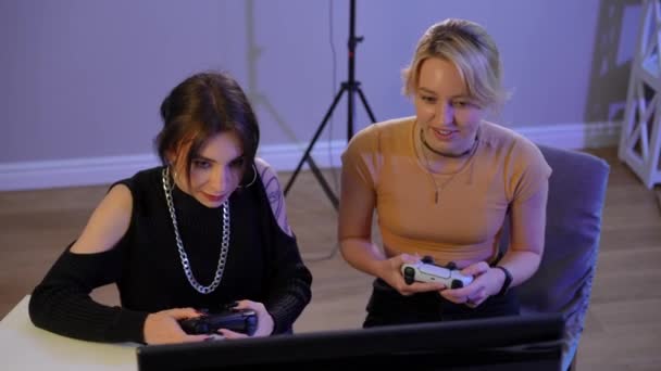 High Angle View Portrait Two Cheerful Confident Female Gamers Playing — Stok video