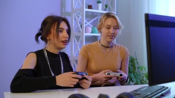 Happy Millennial Beautiful Women Gesturing High Five Winning Video Game — Stock videók