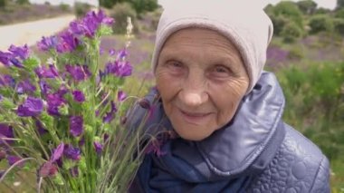 Close-up wrinkled face of senior smiling woman posing with lavender bouquet outdoors. Happy satisfied relaxed Caucasian retiree looking at camera enjoying leisure on meadow