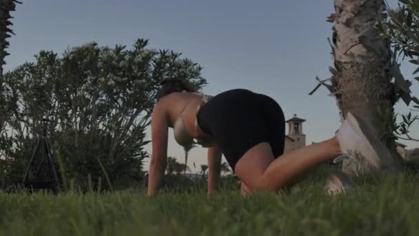 Young Woman Raising Leg Working Out Dusk Backyard Wide Shot — Wideo stockowe