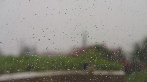Збільшений Дощ Падає Скло Розмитим Ландшафтом Задньому Плані Дощовий День — стокове відео