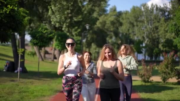 Grupa Zmotywowanych Sportowców Uprawiających Jogging Zwolnionym Tempie Słoneczny Dzień Świeżym — Wideo stockowe