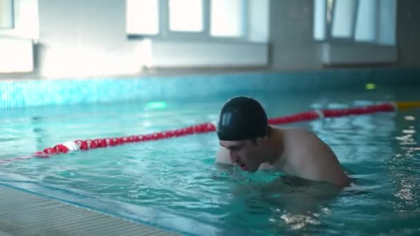 Beyaz Tenli Genç Sporcu Yüzme Havuzunu Yavaş Çekimde Yüzerek Yıkıyor — Stok video