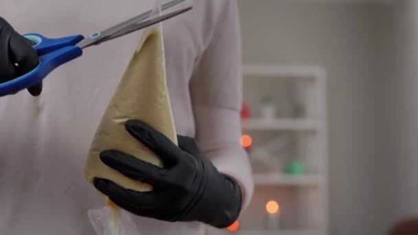 Close Pastry Syringe Female Hands Cutting Edge Scissors Indoors Unrecognizable — Stock Video