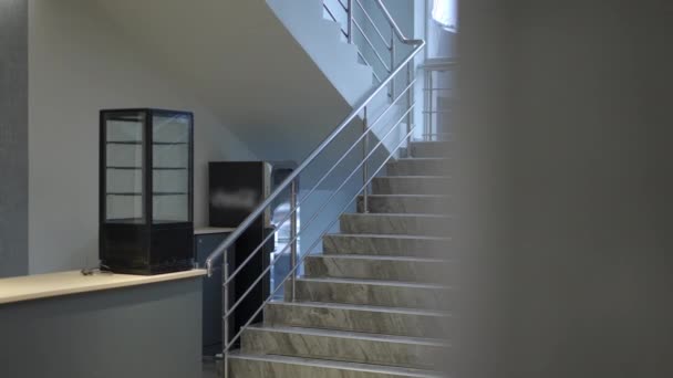 Treppen Leerstehenden Gebäuden Drinnen Weitwinkel Keine Menschen Modernen Geschäftsräumen Der — Stockvideo