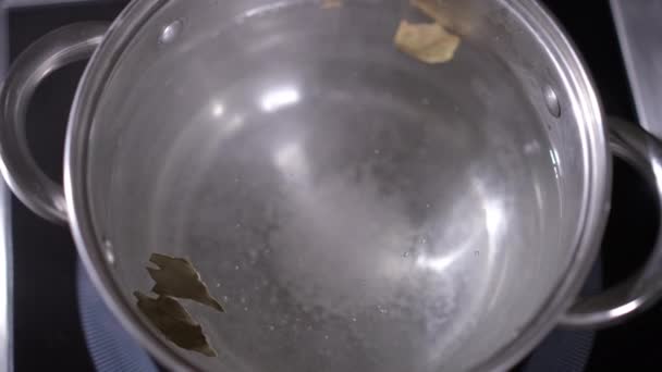 Top View Close Pan Salted Water Start Boiling Slow Motion — Stock Video