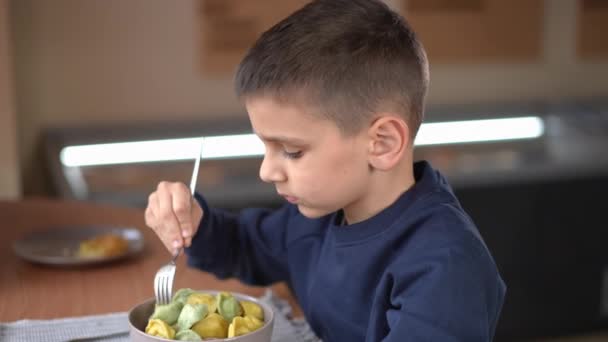 サイドビューの小さな男の子ホット餃子のカフェでテーブルに座って吹いている スローモーションでおいしい夕食を食べる白人の子供の肖像屋内 — ストック動画