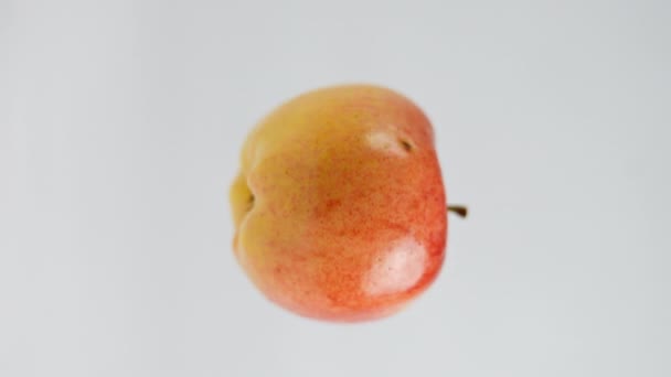 垂直特写美味成熟苹果挂在白色背景 特写美味生鲜健康甜点慢速旋转 — 图库视频影像