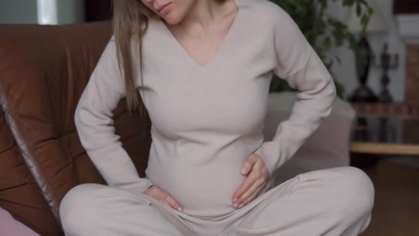 Vorderseite Unkenntlich Kaukasische Schwangere Frau Streichelt Bauch Sitzt Auf Couch — Stockvideo