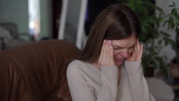 Close Portrait Young Woman Headache Rubbing Temples Sad Facial Expression — Stock Video