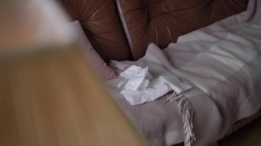 Oturma odasının yüksek açılı kanepede kullanılmış kağıt mendiller. Kanepede peçeteli insanlar oturmasın.