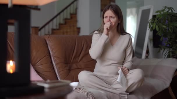 Portrait Unwell Pregnant Young Woman Coughing Blowing Nose Sitting Couch — Stock Video