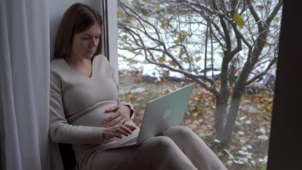 Junge Glückliche Schwangere Die Auf Der Fensterbank Sitzt Und Auf — Stockvideo