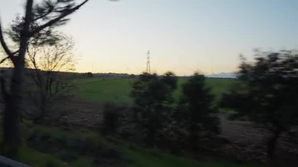 Живая Камера Движется Направо Налево Светлых Сумерках Зелеными Фермерскими Угодьями — стоковое видео