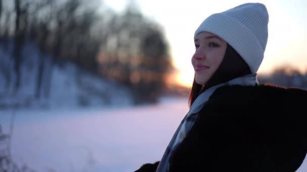 侧面是快乐自信华丽的年轻女子站在冬日的草地上微笑的画像 快乐美丽的白种人女士望着远方 在户外享受黎明 — 图库视频影像