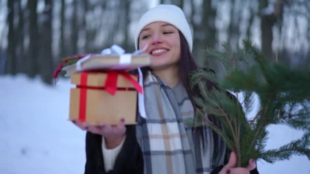 Gorgeous Young Caucasian Woman Christmas Present Green Tree Branch Standing — Stock Video