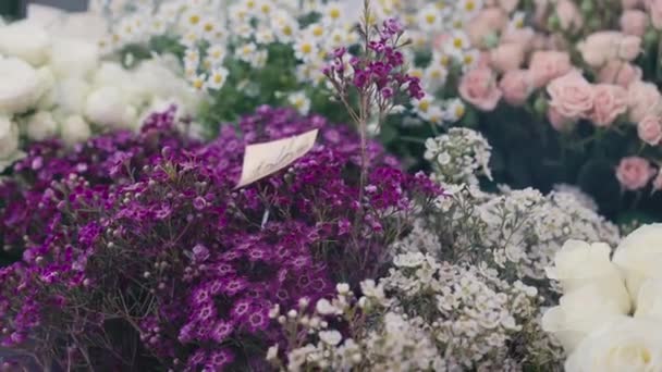 Variedade Buquês Loja Flores Dentro Casa Flores Multicoloridas Concurso Para — Vídeo de Stock