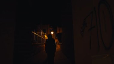 Gece karanlığında şehir caddesi ve arka planda yürüyen bir kadın. Arka plan geniş açı. Kendine güvenen bir bayan şehirde geziniyor.