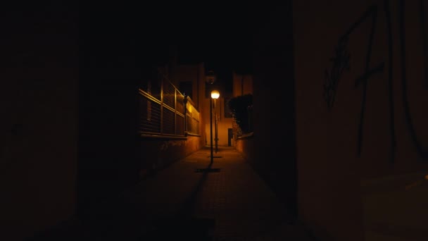 Szerokie Ujęcie Ciemnej Ulicy Miasta Żółtą Lampą Nierozpoznawalną Kobietą Przechodzącą — Wideo stockowe