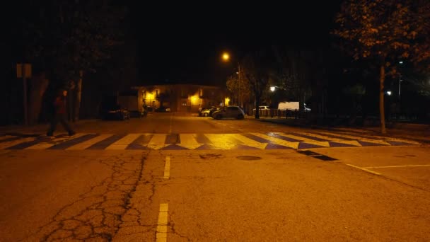 Vista Lateral Rua Noturna Luz Amarela Mulher Cruzamento Pedestre Amplo — Vídeo de Stock