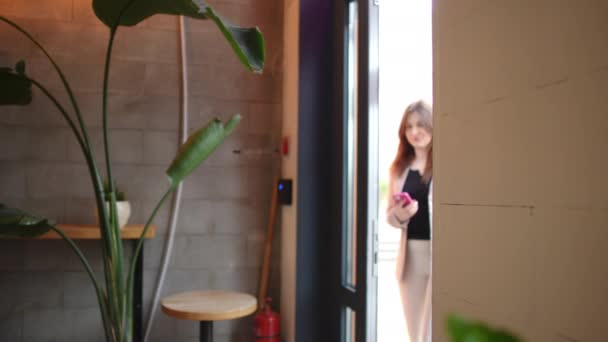 Medium Shot Happy Woman Entering Cafe Slow Motion Closing Door — Stock Video
