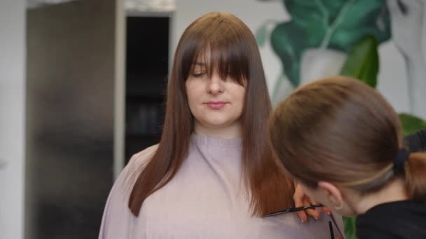 Brünette Kundin Von Vorne Schönheitssalon Mit Friseur Der Haarenden Zeitlupe — Stockvideo
