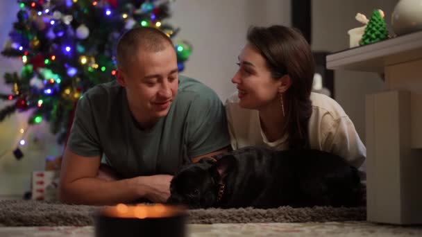 スローモーション 美しいカップルは クリスマスツリーの前にカーペットの上に隣り合って 喜んで何かを議論し 笑います ファミリーアイドルの前景に彼らの犬が横たわる — ストック動画