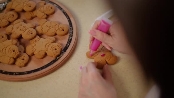 Slow Motion Close Christmas Gingerbread Form Man Which Woman Decorates — Stock Video