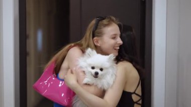 Bir kız, arkadaşının kollarında bir köpekle evinin eşiğinde tanışır. İki arkadaşın neşeli buluşması