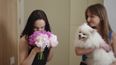 Bir dairede iki güzel kız. Bir kız kollarında bir Pomeranian tutuyor, ve diğeri bir buket çiçek tutuyor. Çiçek buketi olan bir kız, koklaması için köpeğe verir. Kapat