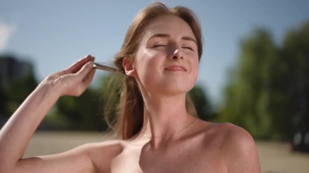 Close Girl Removes Hairpin Her Long Hair Correcting Them Hand Stock Footage