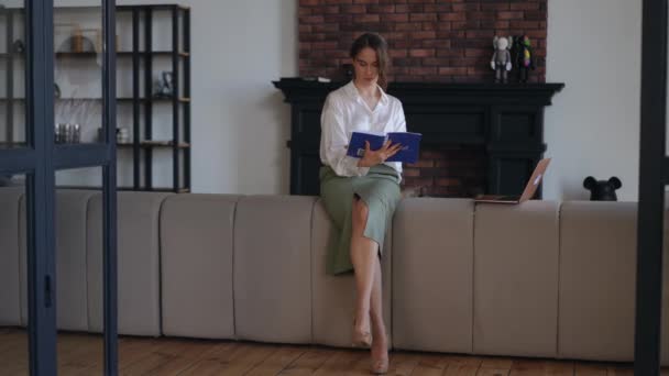ビジネスウーマンは彼女のプランナーを見て ラップトップにデータを書き込み 暖炉のある現代のビジネスオフィスのソファーの背面に優雅に座っています — ストック動画