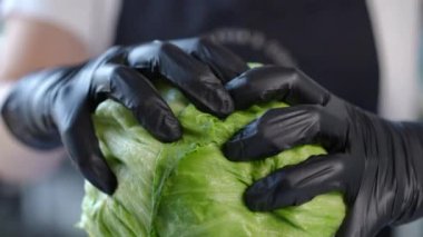 Bu, çeşitli mutfak kullanımları için ideal siyah eldivenlerde taze yeşil marulların dikkatlice tutulduğu yakın çekim görüntüsü.