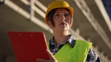 Çalışkan bir inşaat işçisi, yoğun bir inşaat sahasında bir pano üzerindeki ayrıntılı notları dikkatle inceler.